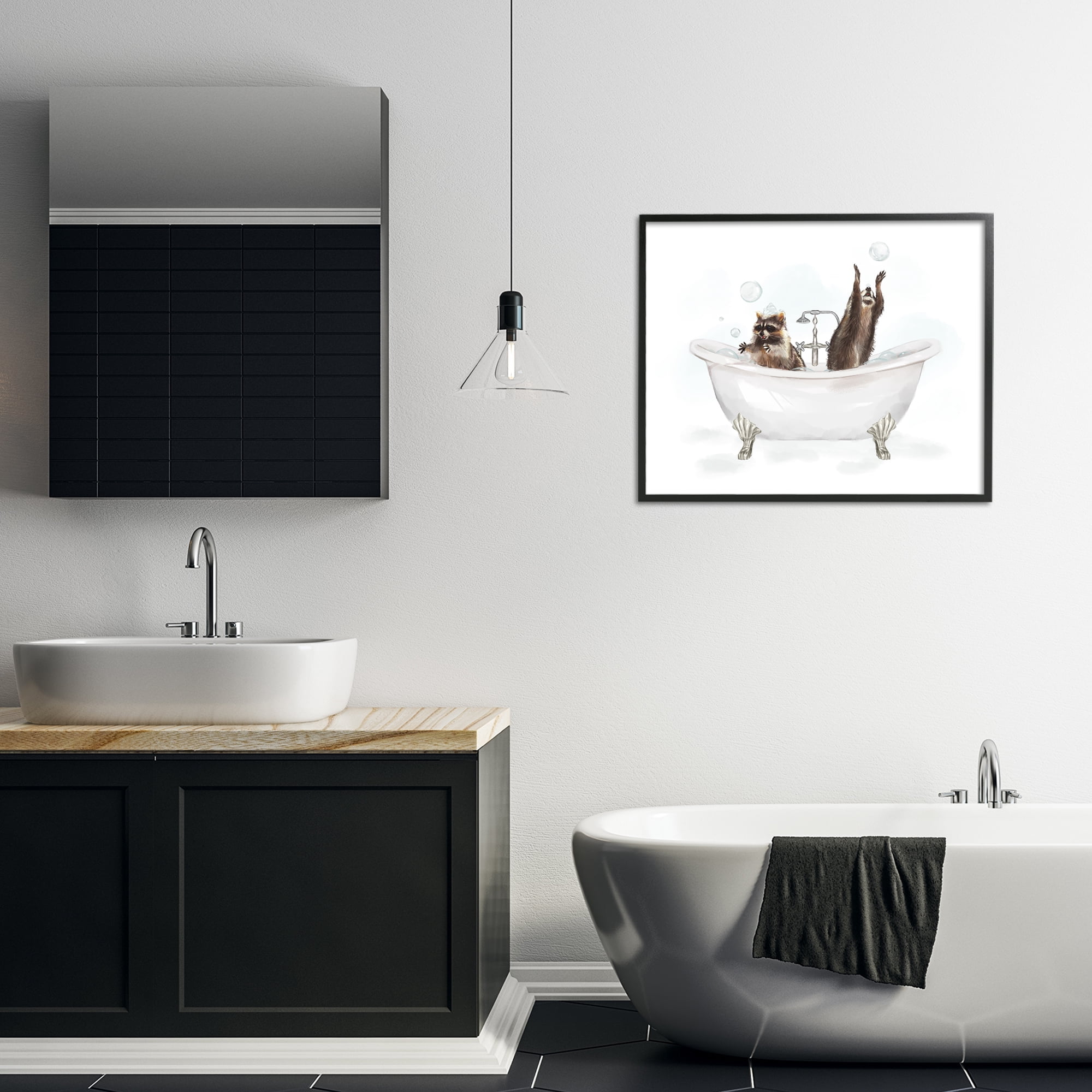 Stupell Industries Raccoons Catching Bubbles Typography Painting Black Framed Art Print Wall Art, 30 x 24