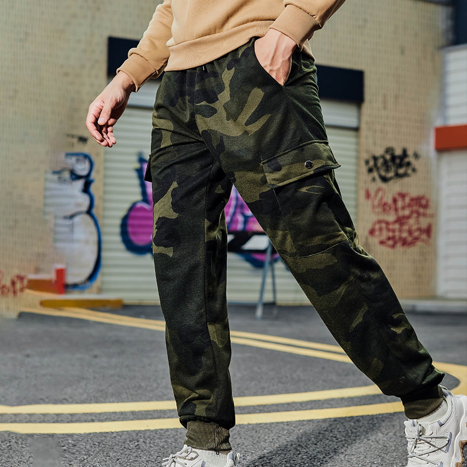 cYkl Men Pants Solid Color Camouflage 