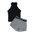 thumbnail image 2 of Toddler Girls Summer Outfits, Sleeveless Ribbed Solid Color Stand-Up Collar Tops + Houndstooth Short Pants + Waist Belt, 2 of 10