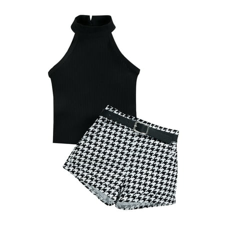 

Toddler Girls Summer Outfits Ribbed Solid Color Stand-Up Collar Tops + Houndstooth Short Pants + Waist Belt