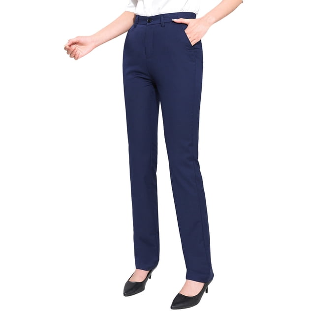 Pantalones de vestir Prolriy para mujer, pantalones chinos rectos de cintura alta para trabajo, con botones, largos y rectos, pantalones de traje, pantalones de trabajo para mujer, azul oscuro, XXL