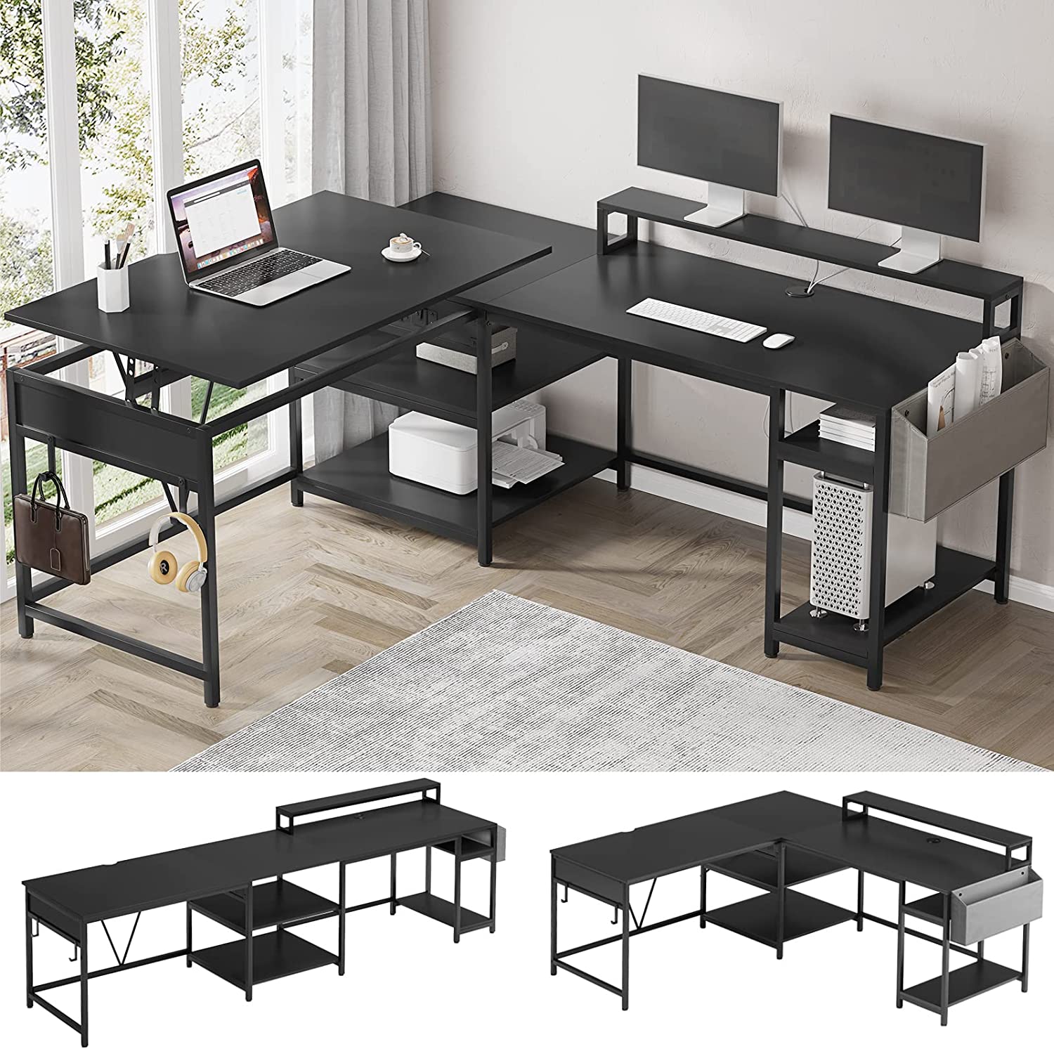 SEDETA 98.4” Office Desk, L Shaped Desk with Lift Top, Reversible