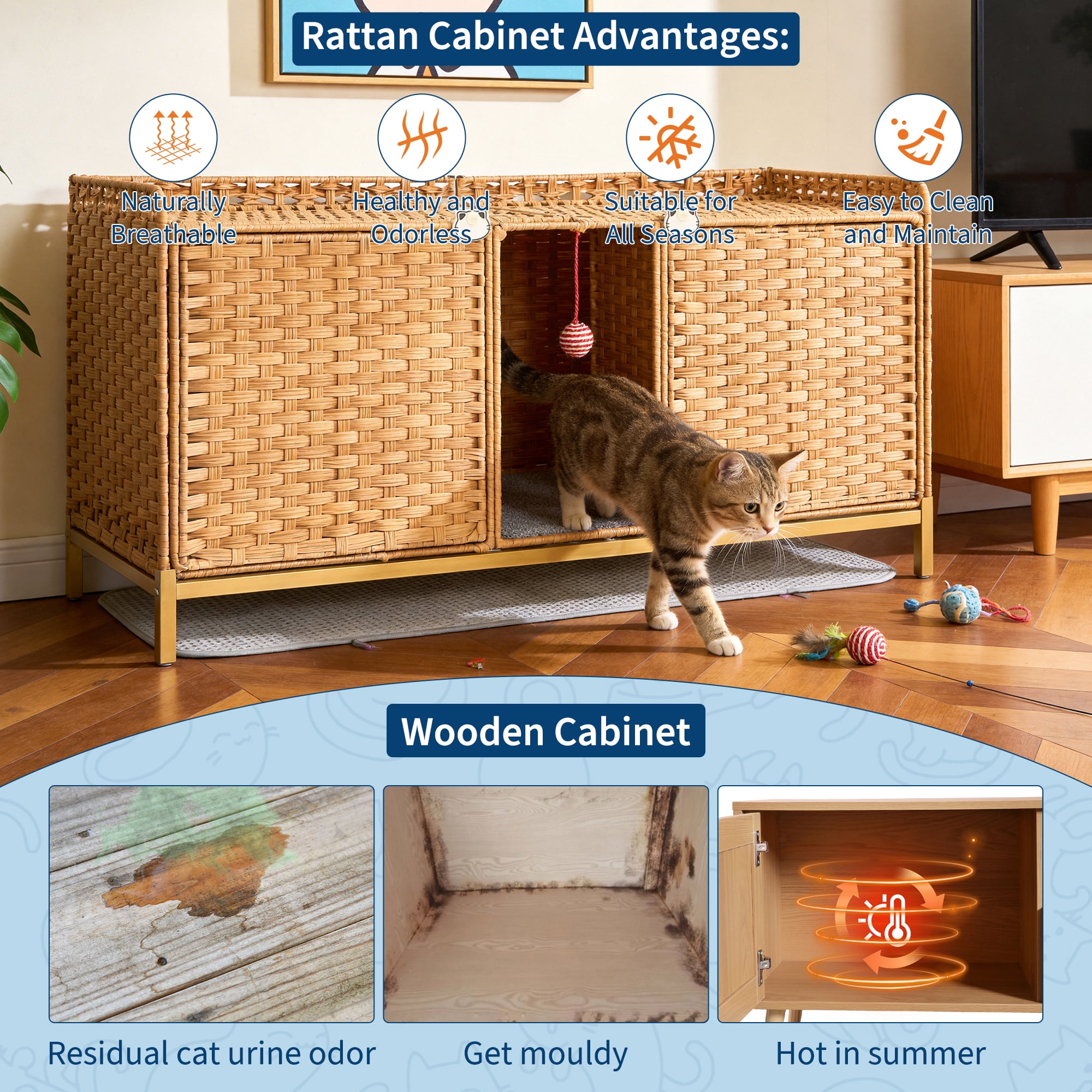 Rattan Double Cat Litter Box Enclosure - Hidden Cabinet for 2 Cats with Removable Mat, S-Shaped Hooks & Play Game - Decorative Large Cat Washroom Furniture for Living Room or Bedroom - Natural Color