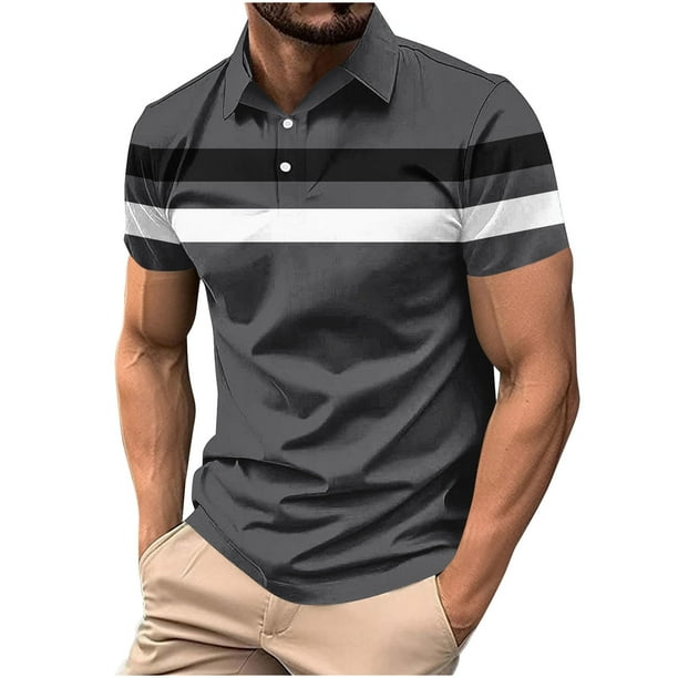 Blusa y camisa de manga corta con cuello vuelto para hombre, informal, de color liso, a rayas, con botones y estampado, blusa para hombre