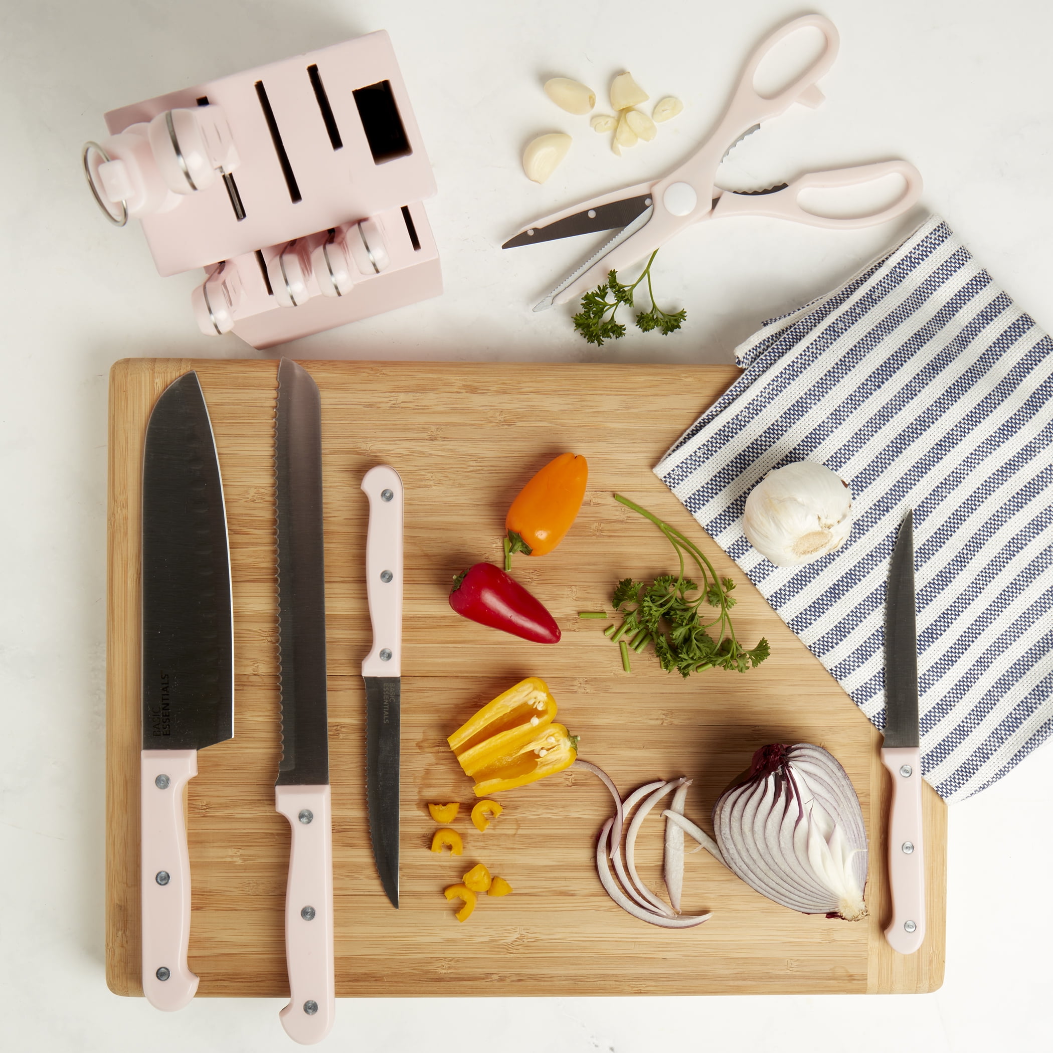 Basic Essentials 12 Piece Stainless Steel Kitchen Knife Set with Wood Block, Pink