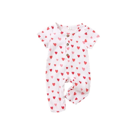 

Spring hue Baby Girls Romper Love Heart Print Short Sleeves Button Jumpsuit Clothes