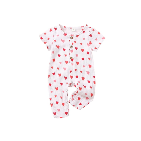 Qiylii Valentine's Day Baby Girls Romper Love Heart Print Short Sleeves Button Jumpsuit