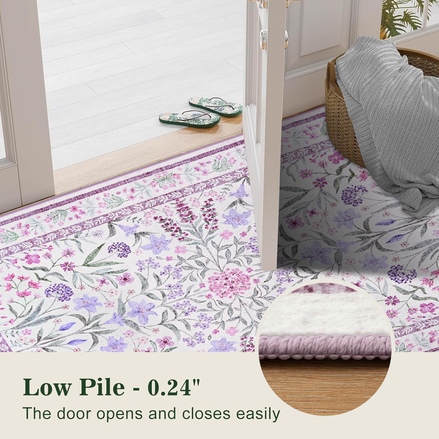 Wondo 4x6 Ft Purple Floral Area Rug - Machine Washable Low Pile Non-Slip Carpet, Boho Vintage Farmhouse Decor for Living Room, Bedroom, Nursery & Office