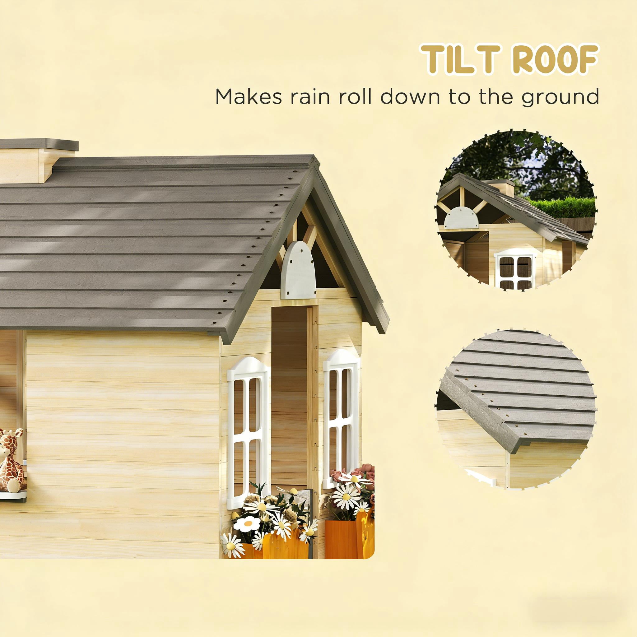 Kids Wooden Outdoor Playhouse with Bench, Service Station & Flowerpot Holders, Fir Wood Play House with Half Door & Windows, Tilted Roof, for Ages 3–7
