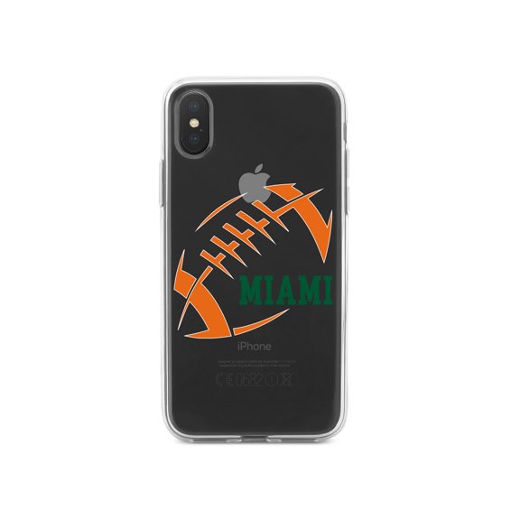 DistinctInk Clear Shockproof Hybrid Case for iPhone XR (6.1" Screen) - TPU Bumper, Acrylic Back, Tempered Glass Screen Protector - Miami Football - Orange, Green