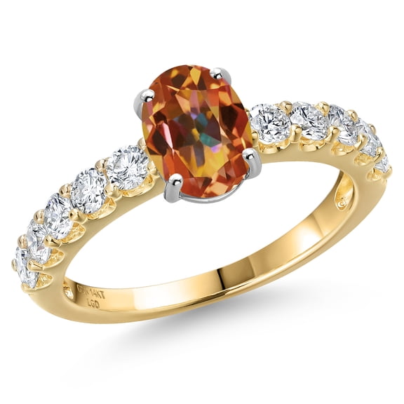 Gem Stone King 14K Two Tone Gold Ecstasy Mystic Topaz and Lab Grown Diamond Engagement Ring for Women | 2.15 Cttw | Oval 8X6MM | Gemstone November Birthstone | Size 5