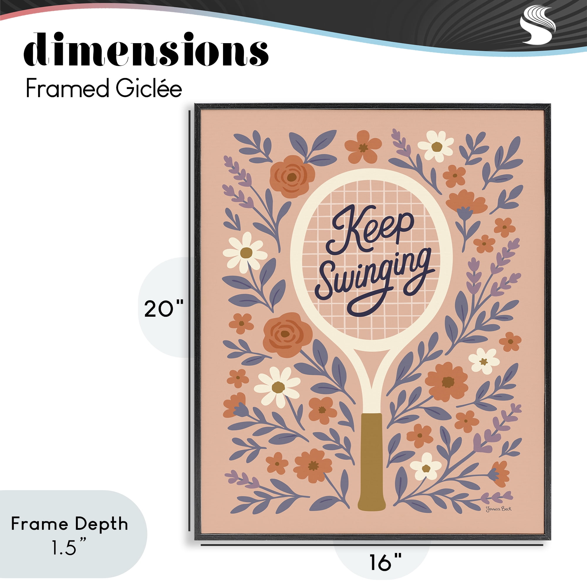 Stupell Industries Keep Swinging Floral Tennis Black Framed Giclee Art, design by Jessica Beck