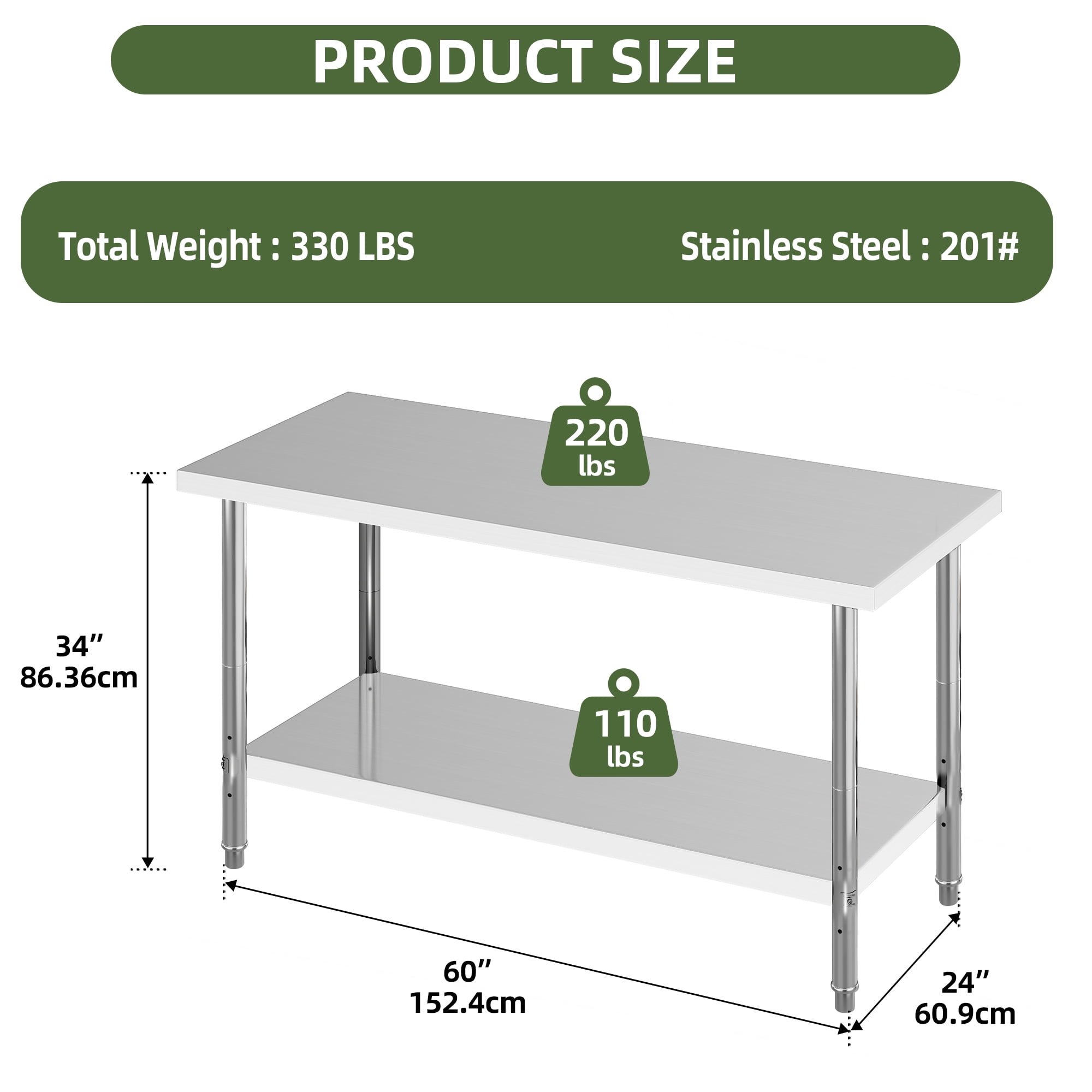 Uforic 60" ×24"  Stainless Steel Table with Undershelf Adjustable, NSF Commercial Kitchen Work Table