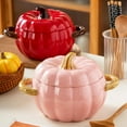 thumbnail image 2 of Pumpkin-Shaped Ceramic Dutch Oven with Lid - Mini Baking Pot, Cute Pink Pumpkin Bowl for Dessert, Sauce, Casserole - Glossy Porcelain, Oven & Microwave Safe, Holiday Gift (Halloween/Christmas), 2 of 9