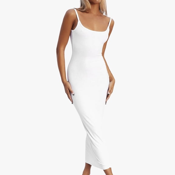 Huowey Ladies Dress Solid Color Spaghetti Strap Sleeveless Backless Casual Square Collar Slim Fit Bodycon Loose Sundresstight Long Dresses For Women,White,S