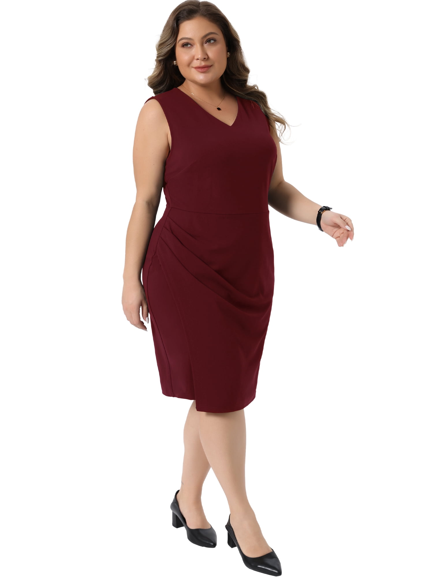 DARING DIVA Women's Plus Size Elegant Work Dress V Neck Ruched Bodycon 1X Burgundy