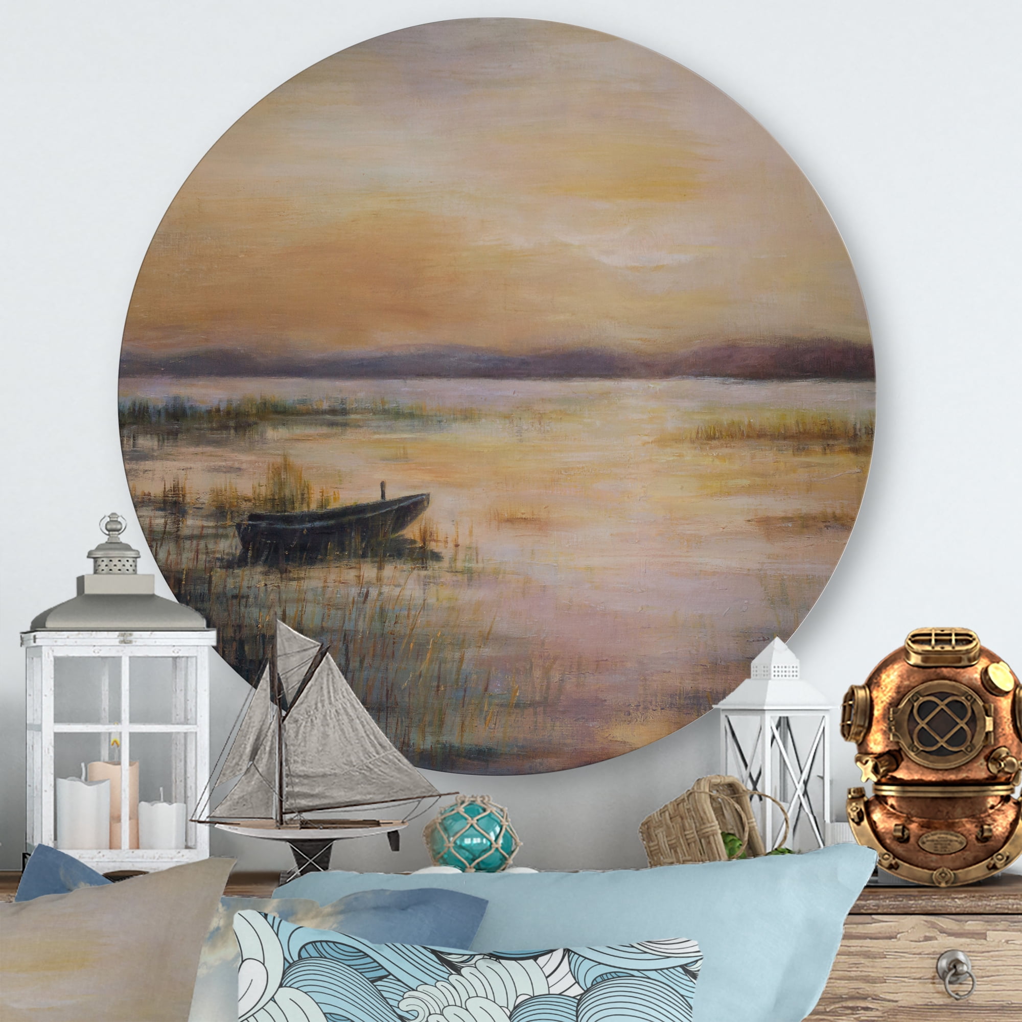 Pastel Boat Sunset Over The Lake 11 in x 11 in Painting Art Prints, by Designart