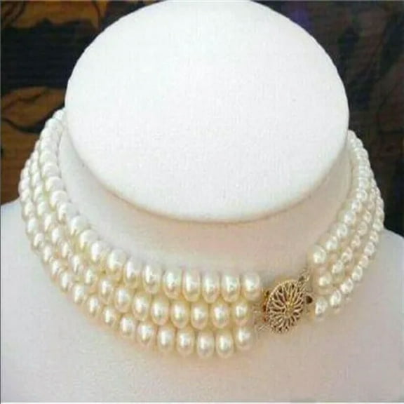 EOEMY 3 Rows Natural 8-9mm White Freshwater Cultured Real Pearl Choker Necklace 16Inch
