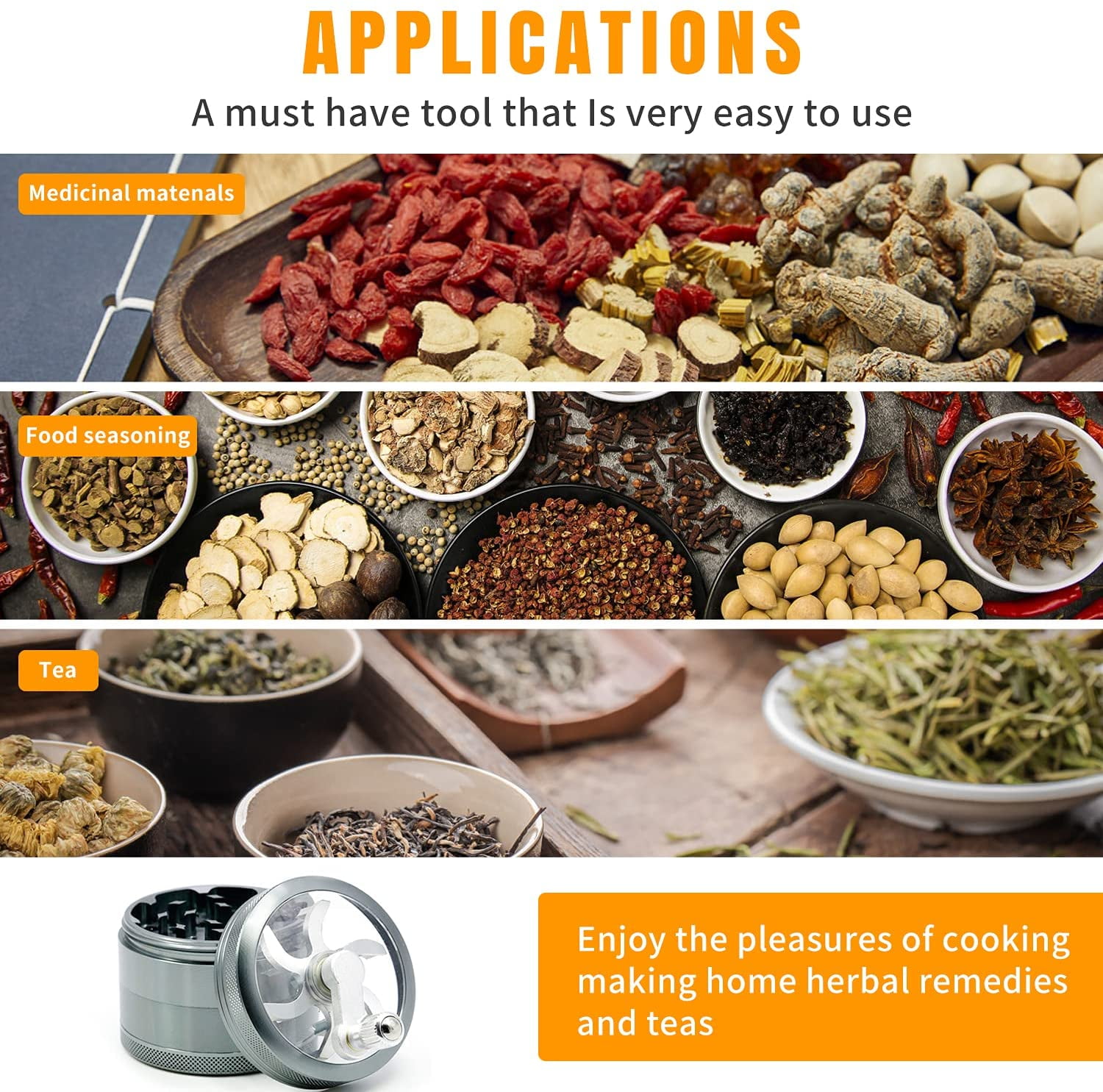 Herb Grinder, 4 Piece Spice Grinder with Foldable Crank Handle, Zinc