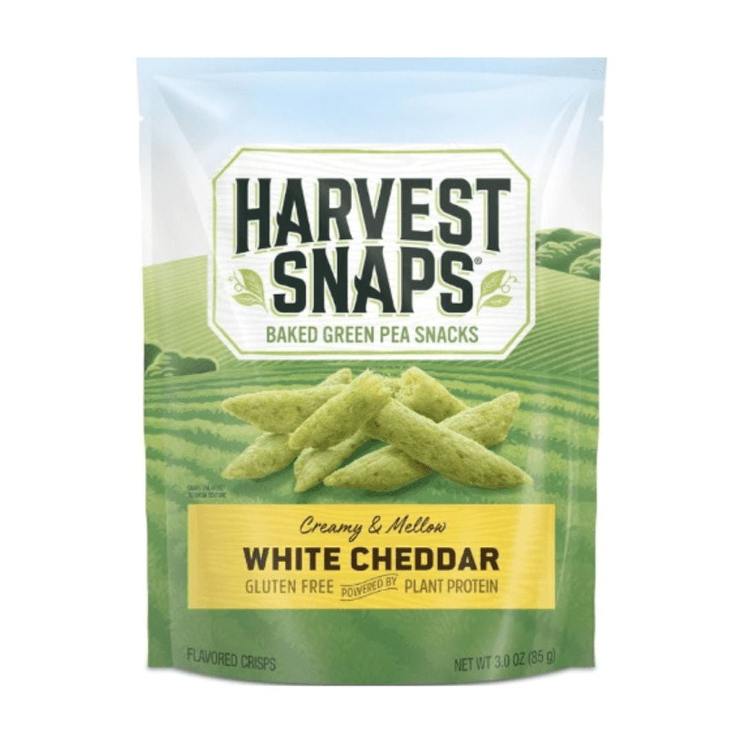 Harvest Snaps Baked Green Pea Snacks Veggie Chips – White Cheddar – Gluten Free Plant-Based Crunchy Snack – 3 oz Bags – 12 Count Bulk Pack