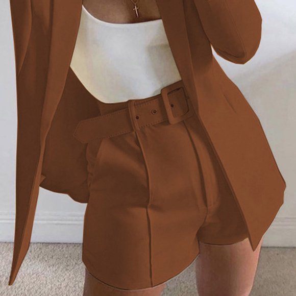 Babysbule Womens Solid Suit Shorts Dressy Summer High Waist With Belt Buttoned Elastic Waist Work Pants With Pockets