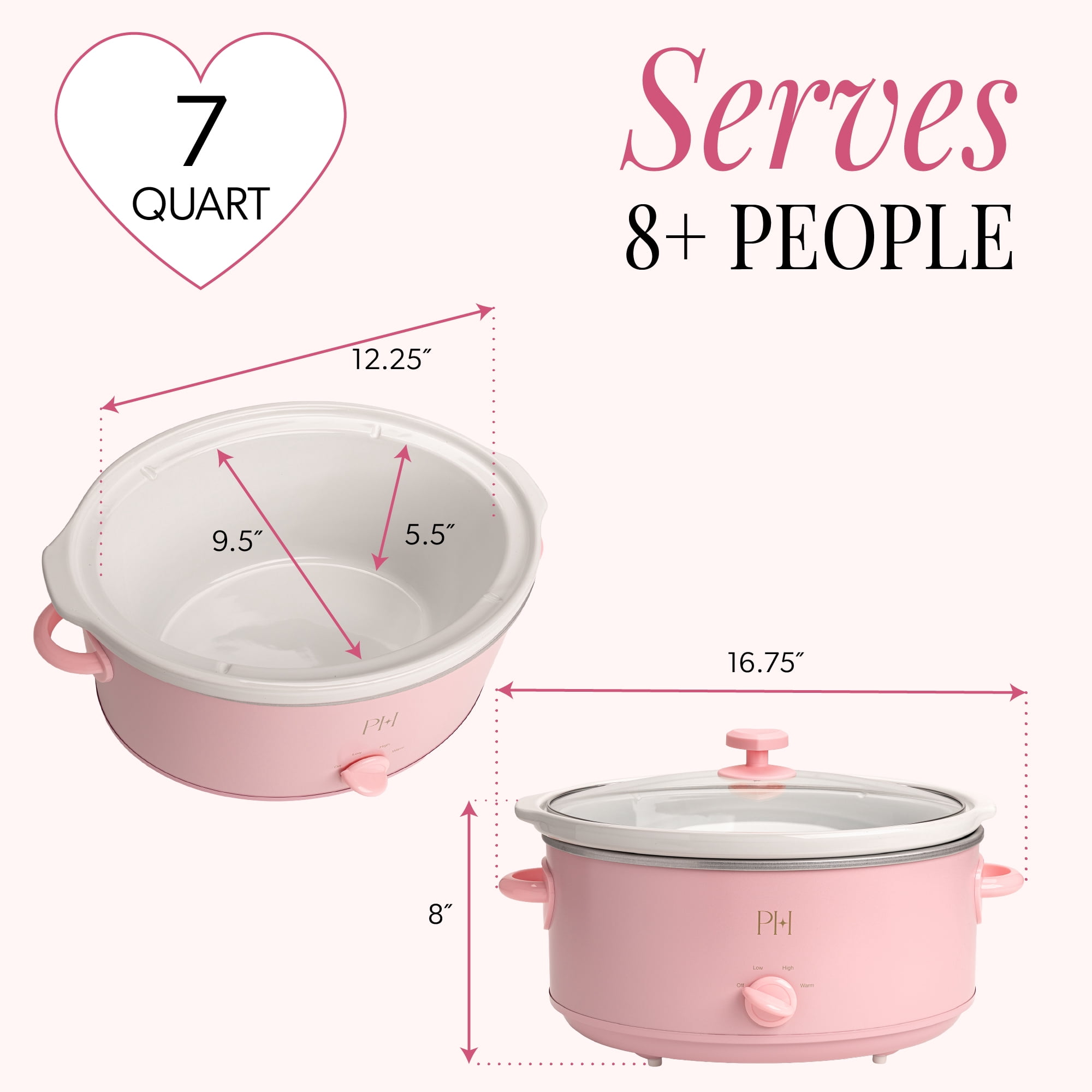 Paris Hilton 7-Quart Manual Slow Cooker with Removable Stoneware Pot and Tempered Glass Lid, 3 Heat Settings, Pink
