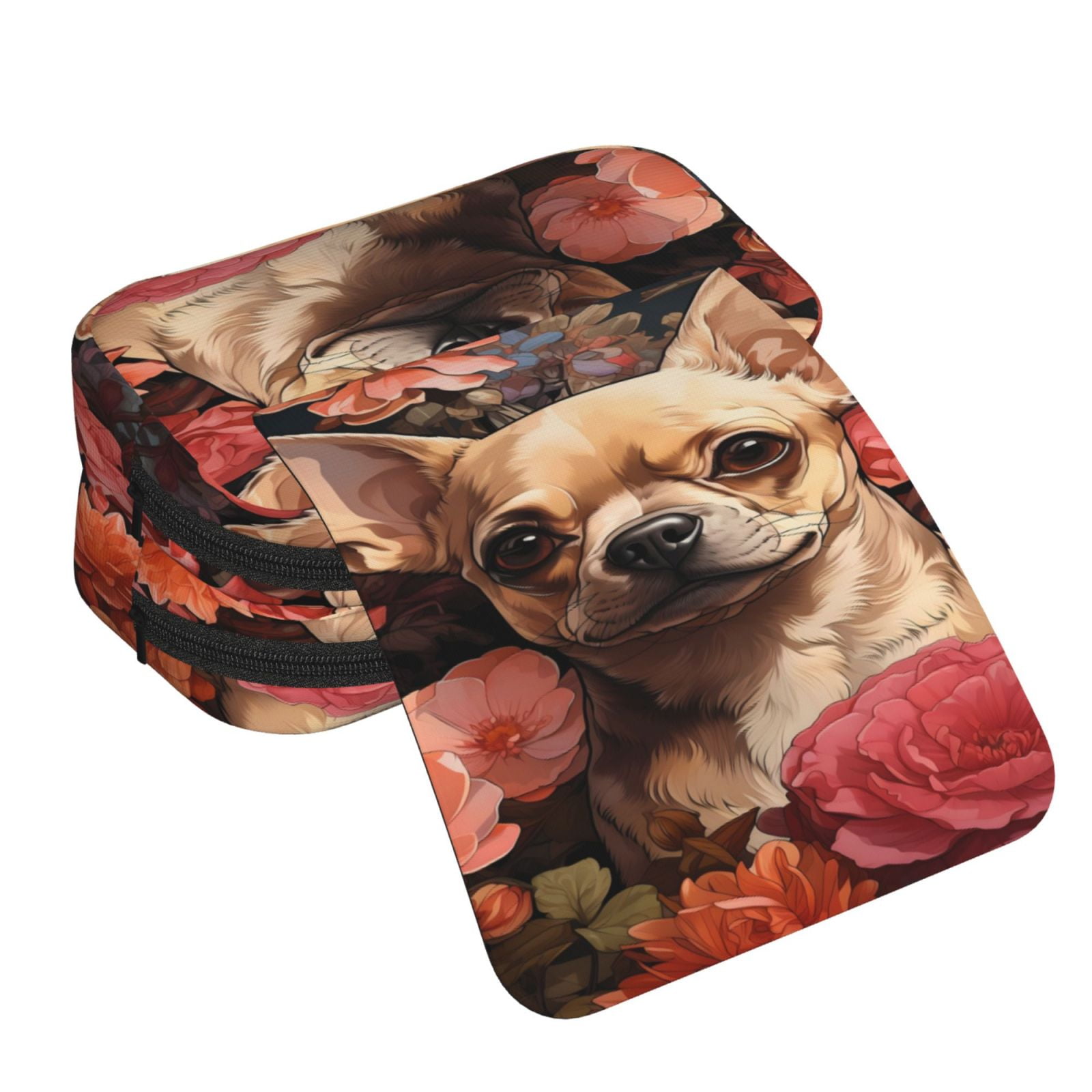 Rateoe Vintage Red Flower Chihuahua Pattern Double Clamshell Pen Case, Storage Organizer with Two Zipper Compartments– Holds Up to 50 Pencils & Pens