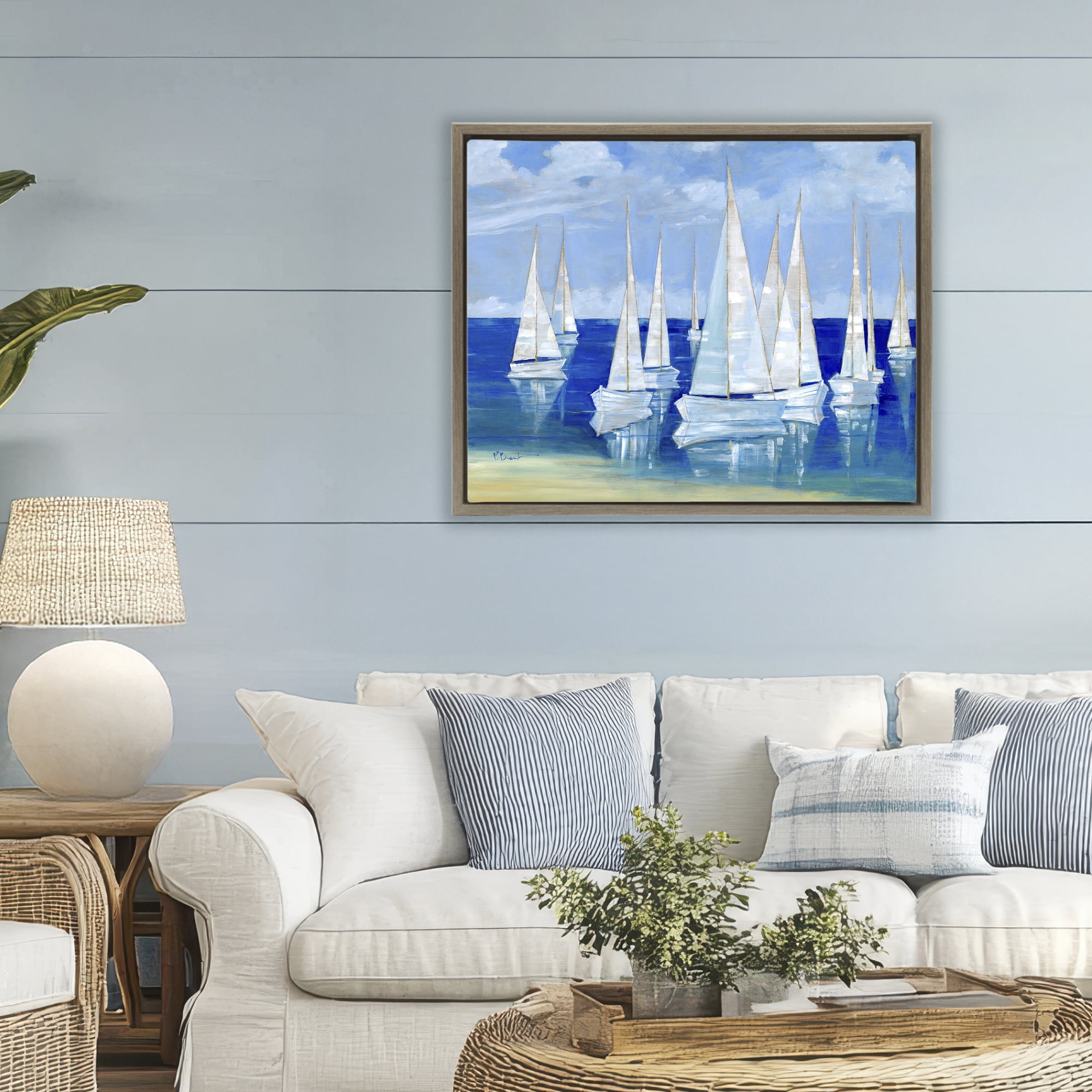Stupell Industries Blanco Beach Sailboats Brown Framed Floater Canvas Wall Art, design by Paul Brent