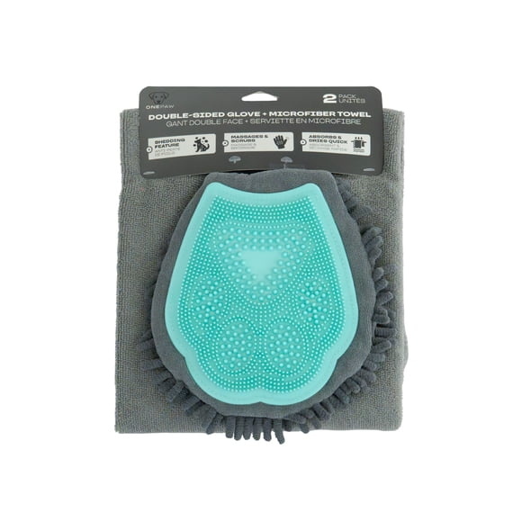 One Paw, Microfiber Grooming Glove and Towel Set for Dogs and Cats, Mint and Grey Colour