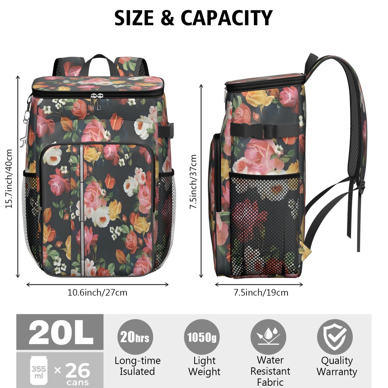 Travel Cooler Bag - Pioneer Flower Floral Print Pattern Camping Beer Cooler Backpack with Bottle Opener- Waterproof Insulated Picnic Backpacks - Cooler Bag for Beach