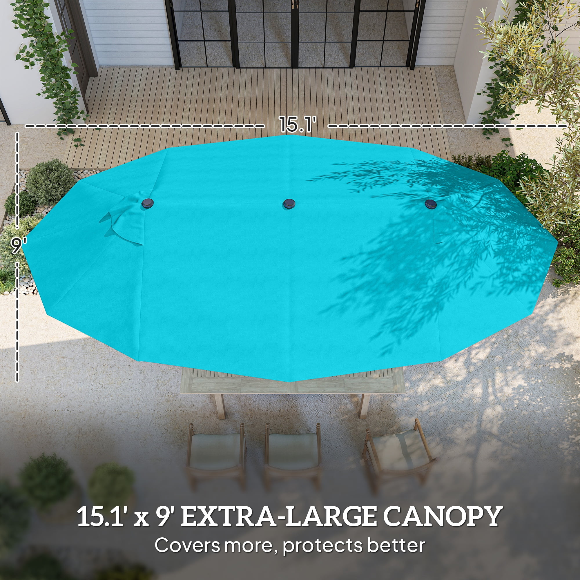 Outsunny Patio Umbrella 15' Steel Rectangular Outdoor Double Sided Market with Base, Sun Protection & Easy Crank for Deck Pool Patio, Blue