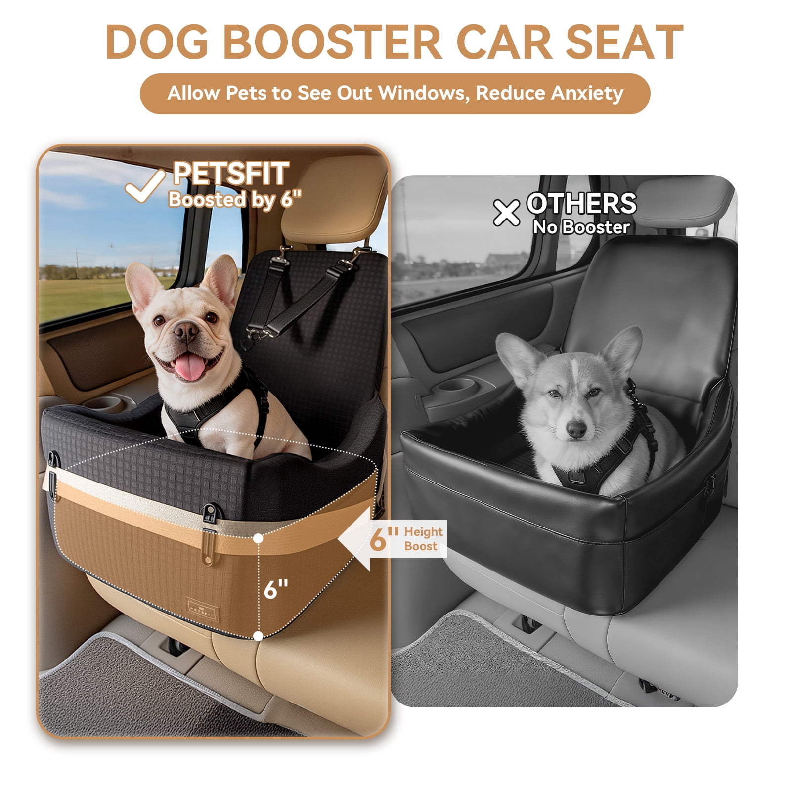 PETSFIT Dog Booster Car Seat for Small/Medium Dogs Up to 35 lbs – Patented Safety System, 6" Memory Foam Pet Car Seat, Fully Detachable and Washable Cover, Front/Back Seat Travel Booster (Black)