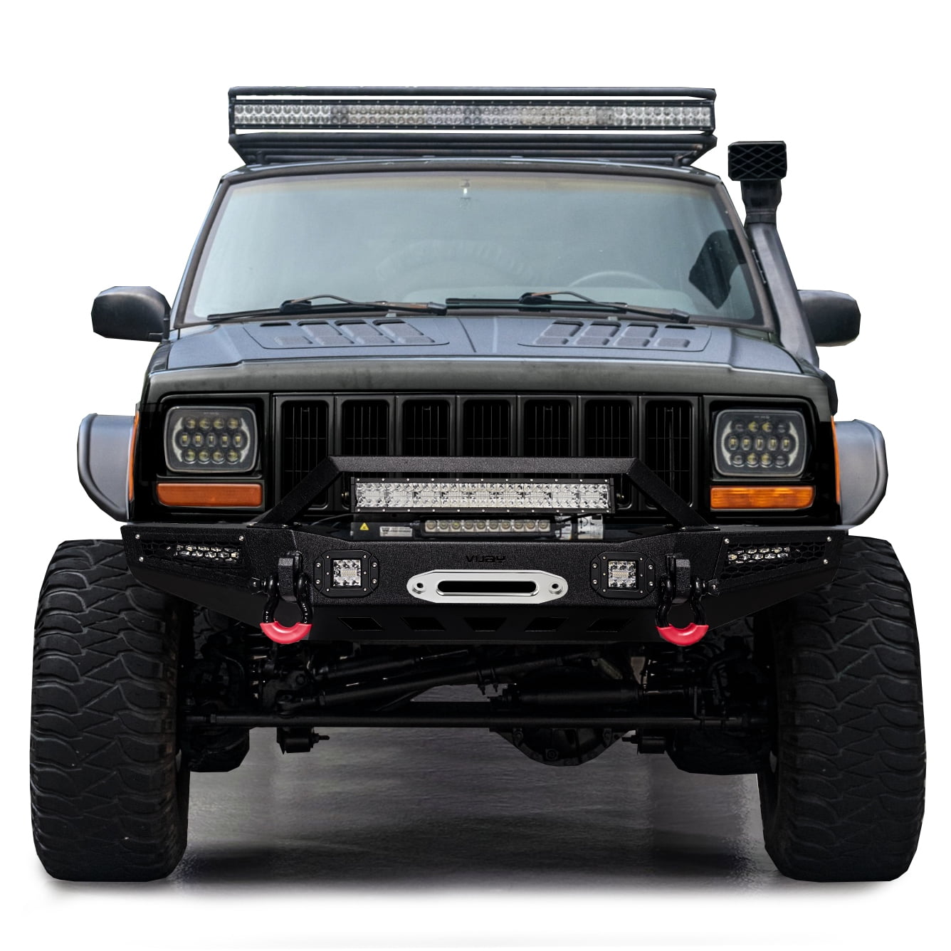Vijay Compatible with 1984-2001 Jeep Cherokee XJ Front Bumper Textured Black Steel with Light and D-ring