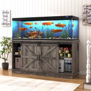 Blotout Farmhouse 75-120 Gallon Fish Tank Stand with Power Outlet, 59Aquarium Stand with Storage/Sliding Barn Door, Heavy Duty Tank Stand for 2 Fish Tank/Reptile Terrarium, 1200lbs Capacity,Gray
