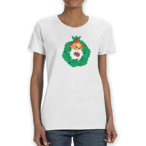 Decorated Christmas Wreat With Bells Graphic Women White T-Shirt, Female Small
