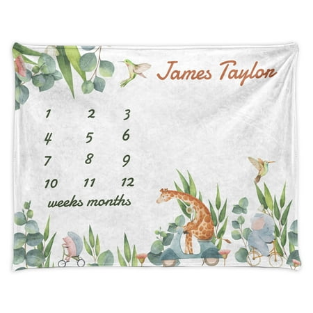 Image of Animals Milestone Blanket Funny Creatures Forest Branches Giraffe Hedgehog Hummingbird on Bikes Growth Chart with Custom Names Photography Background 30 x 40 Green Orange Pale Blue by Ambesonne