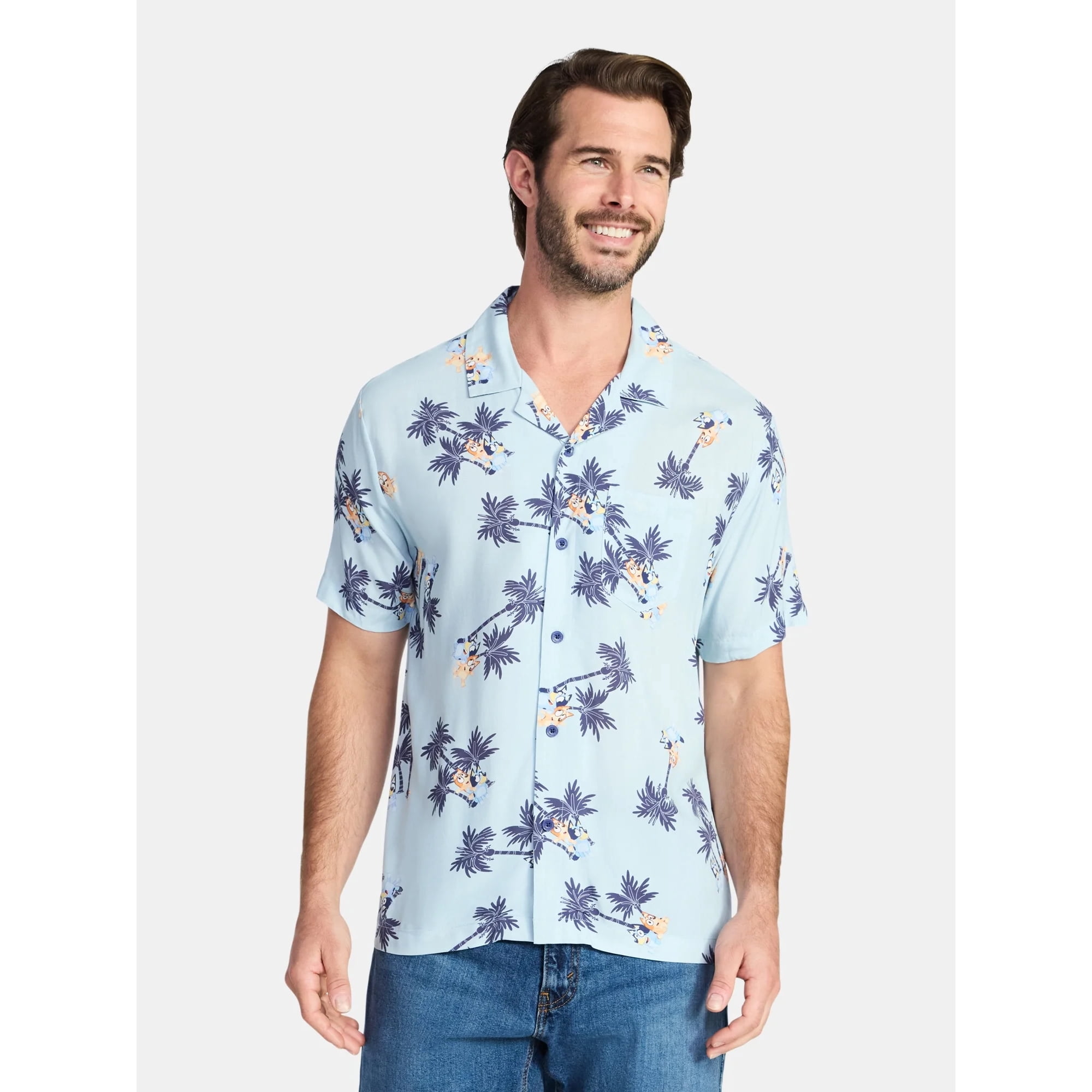 Bluey Men's and Big Men's Graphic Button-Up Shirt, Sizes XS-5XL