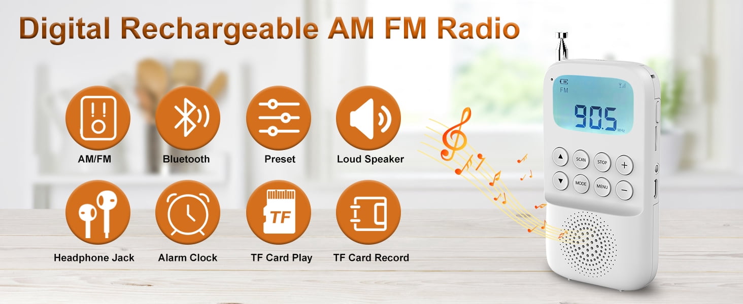 MUSICOZY Digital AM FM Walkmen Radio with Bluetooth, Portable Rechargeable Transistor Radio with Alarm Clock, Built-in Speaker and Headphone Jack, Support TF Card Playback