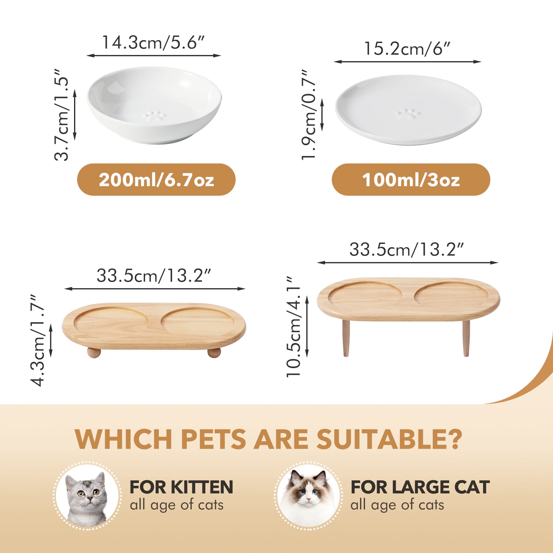 LarqeeWare Ceramic Raised Cat Dishes, Food & Water Bowl with 2 Style Stand Adjustable Raised Pet Bowl Set (2Dish+2Shallow Dish+Stand, White)