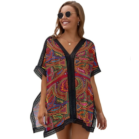Mola De Panama Flower Women's Swimsuit Coverup Summer Beach Cover Up Bathing Suit Dress