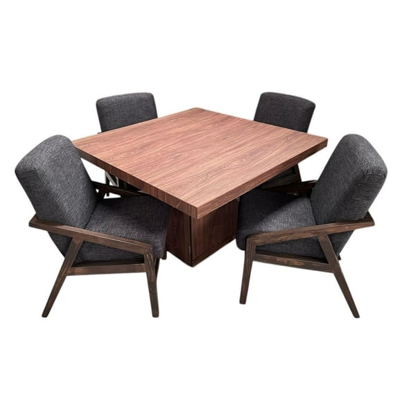 Comedor Orion 4 Sillas, Lino Gris Oxford, MDF UV, 120x120 cm, SALVANTO
