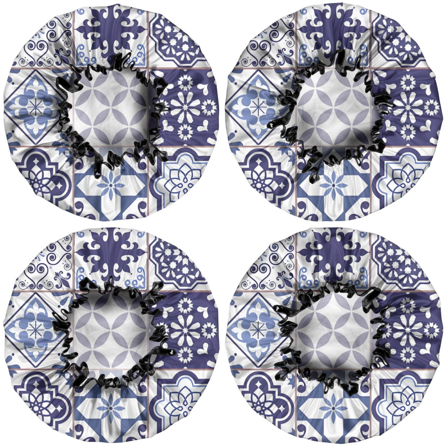 Shower Caps,Blue Ethnic Geometric Patchwork Pattern Waterproof Shower Cap for Women 4 Pieces,Double Reusable Hair Cover for Shower PEVA Elastic Stretch Hem