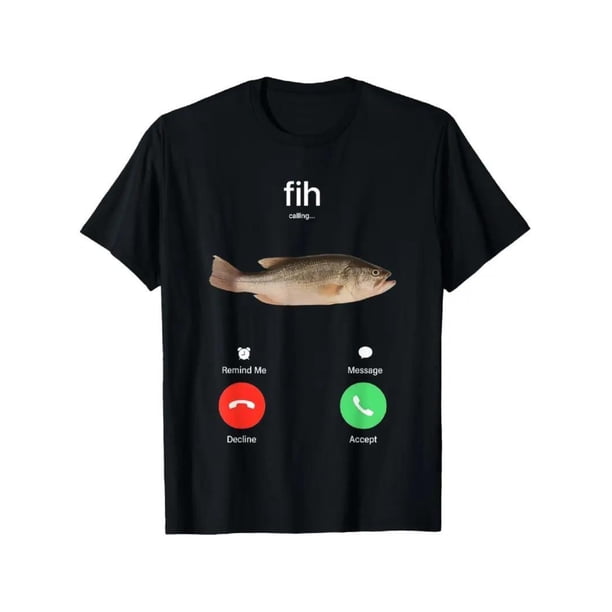 Camiseta de pescado 100 % algodón con mensaje "Fih Calling" (Recordar mensaje, Rechazar, Aceptar llamada telefónica)