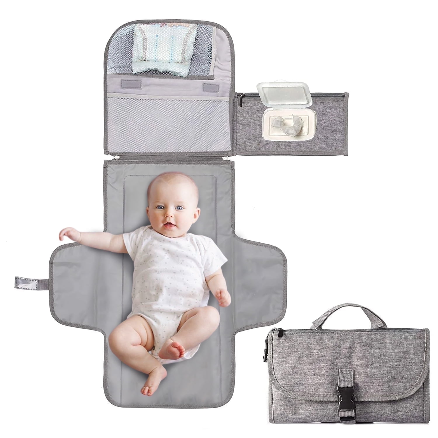 HDJ Portable Diaper Changing Pad, Waterproof Travel Baby Changing Kit with Wipes Pocket,Foldable,Gray