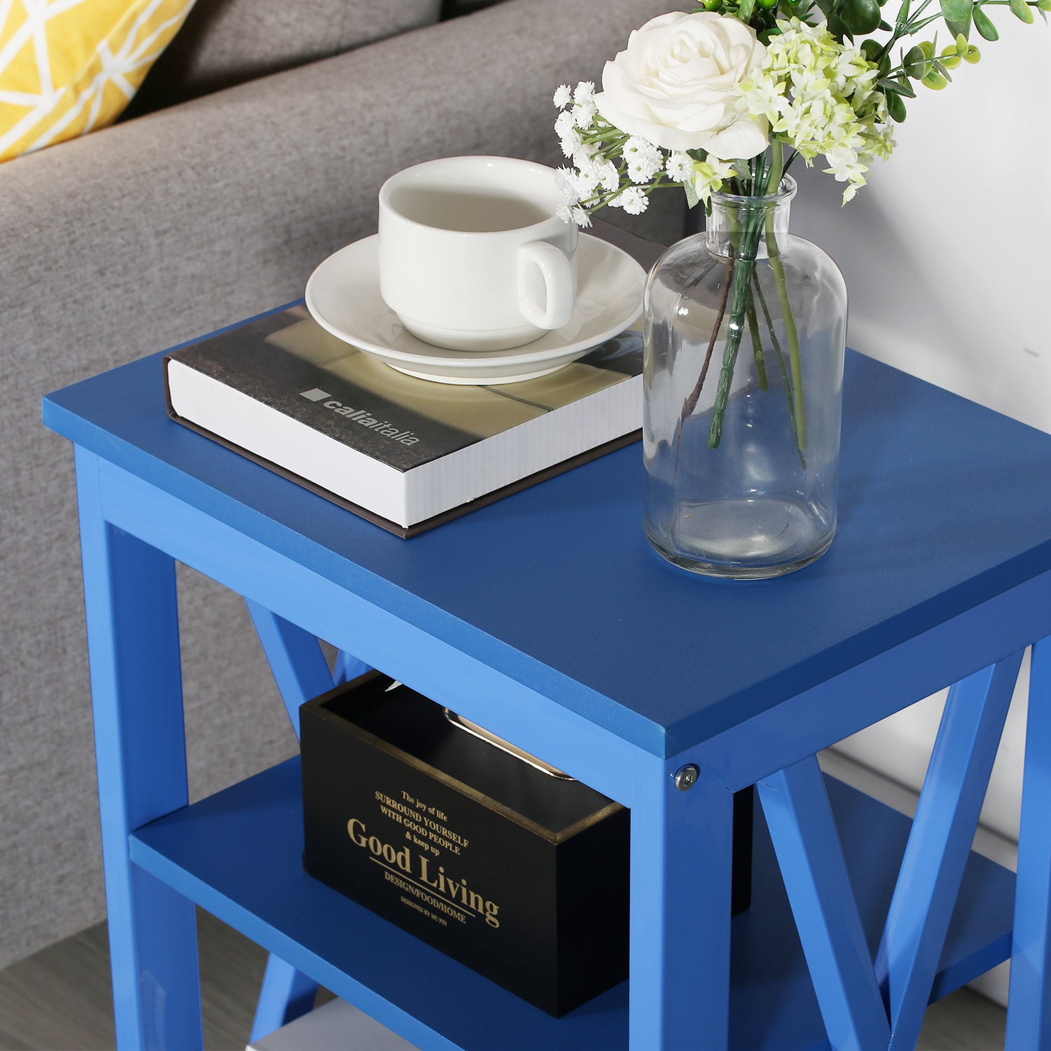 VECELO Set of 2 Nightstand with 3-Tier Shelves, X-Shaped Sofa Side End Table for Bedroom/Living Room/Office, Dark Blue