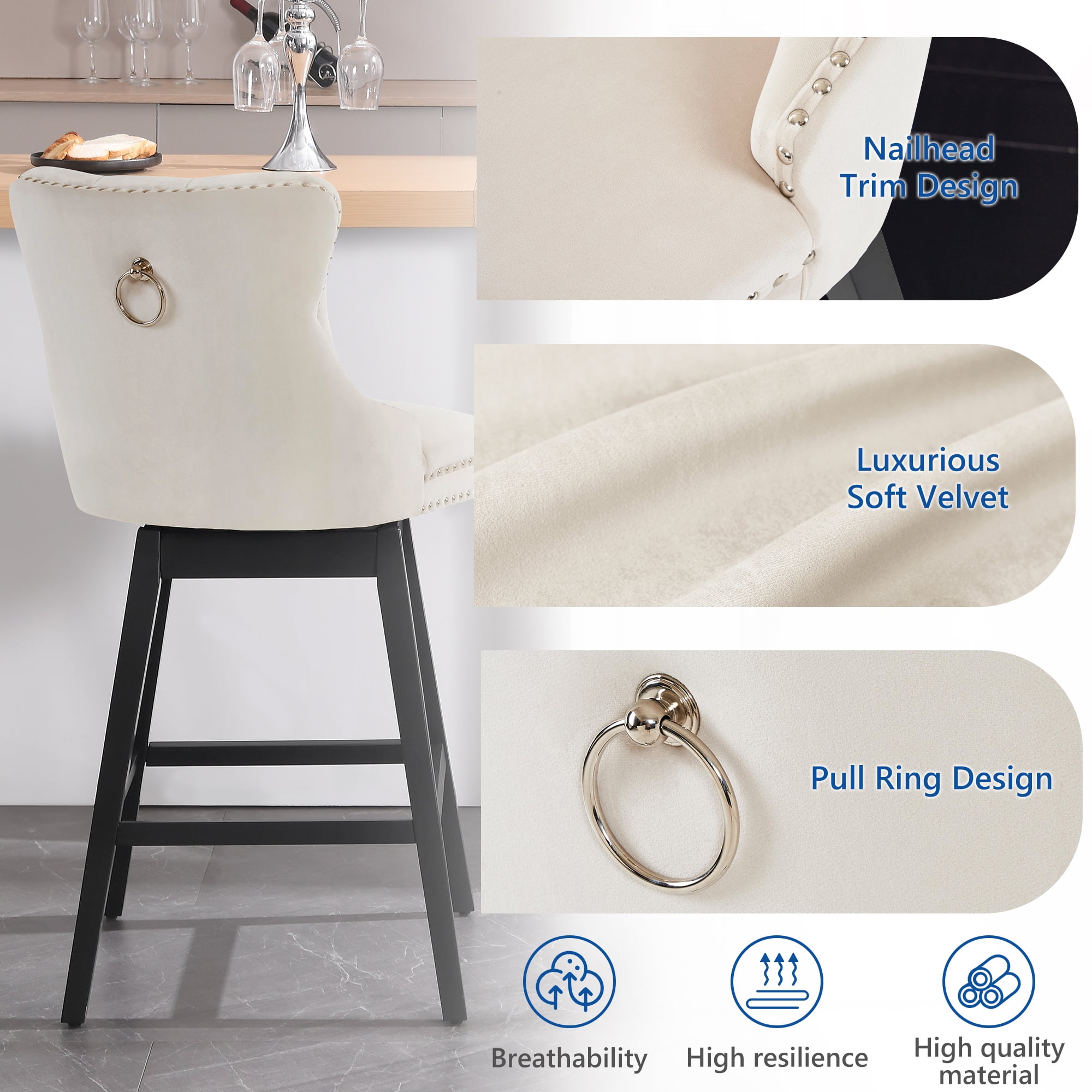 Tewloss 26" Swivel Bar Stools Set of 2 Velvet Counter Height Chairs for Home Kitchen Dining, Beige