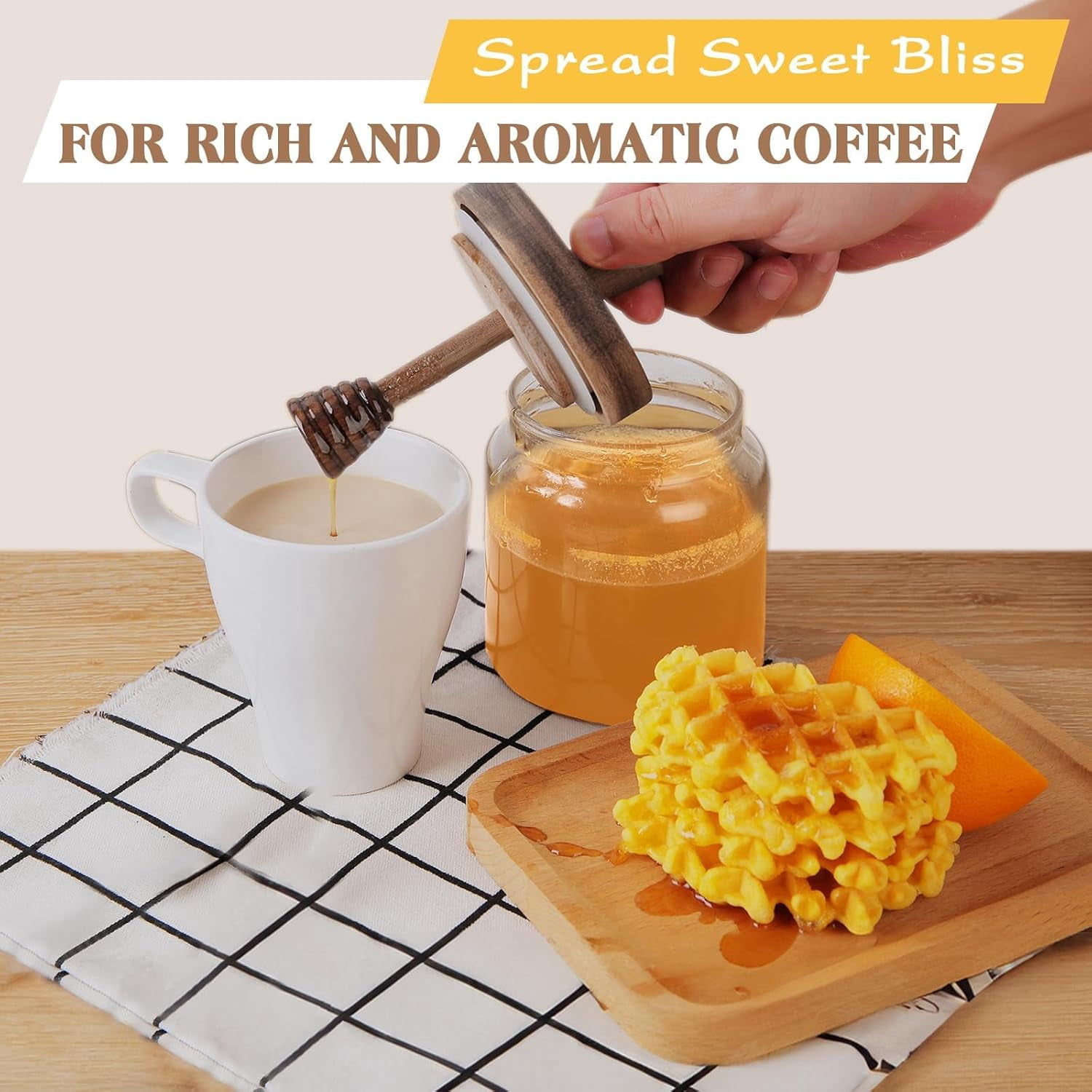 ABCISI Glass Honey Pot, Clear Honey Jar with Wooden Dipper and Lid Honey Holder Syrup Container with Drizzler for Storing Bee Honey Home Kitchen 16oz