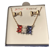 Betsey Johnson Patriotic Red, White and Blue Gummy Bear Necklace and Gold Bow Earrings