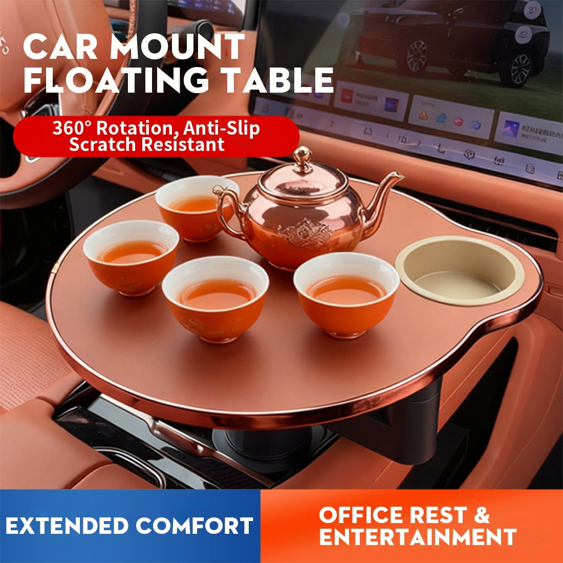 Multifunctional Car Table for Front Seat – 360° Rotation with Cup Holder, Laptop Tray for Driver & Passenger – Fits 2.8-3.9 Inch Cup Holders, Fits Most Car