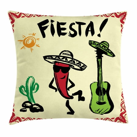 Festive Maraca - Fiesta Throw Pillow Cushion Cover, Festive Mexican Party with Maracas Dancing Red Pepper Wearing a Sombrero and Guitar, Decorative Square Accent Pillow Case, 18 X 18 Inches, Multicolor, by Ambesonne